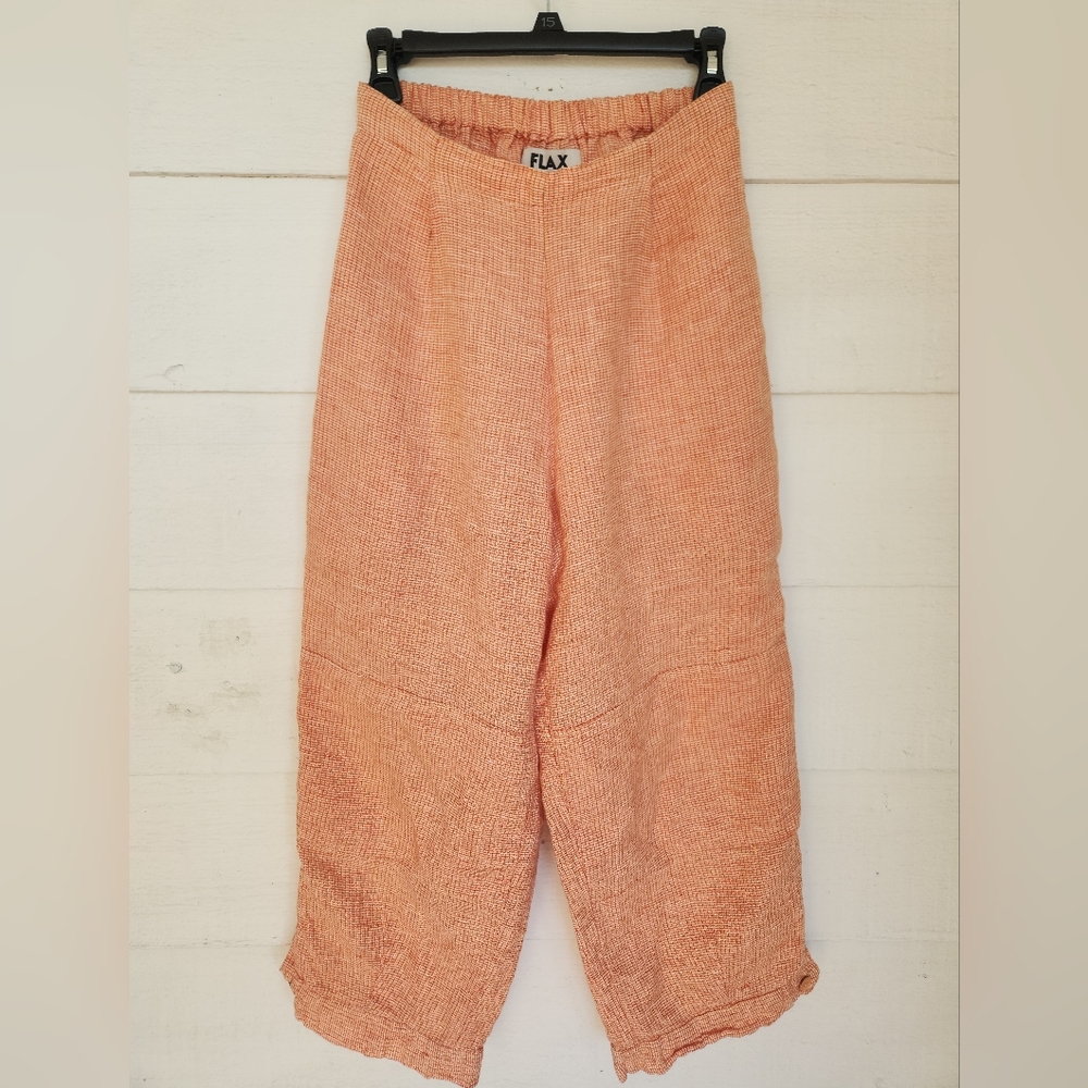 FLAX 100% Linen Orange Pants with Pockets Plaid Check Boho Lagenlook Oversized S
